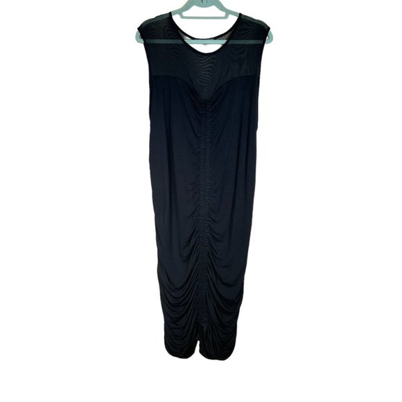 Boston Proper Black Ruched XL Dress Bodycon Sheer Collar Stretch Double Lined - Picture 1 of 11